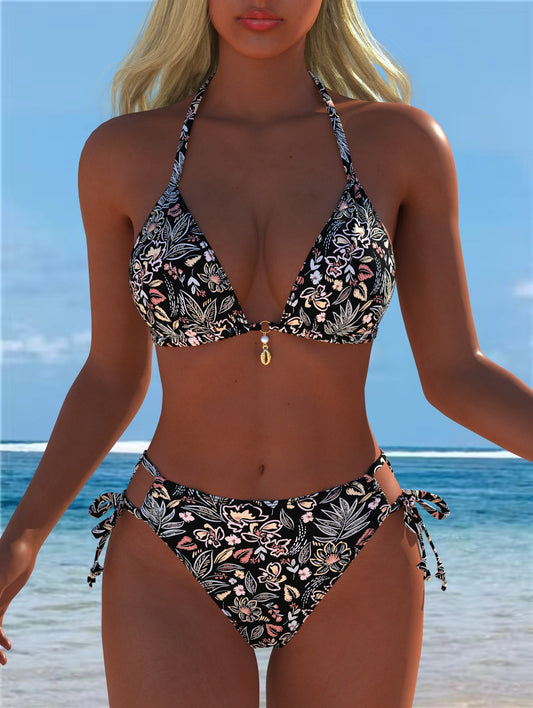 Black Floral Triangle Bikini Set