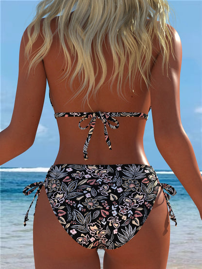 Black Floral Triangle Bikini Set