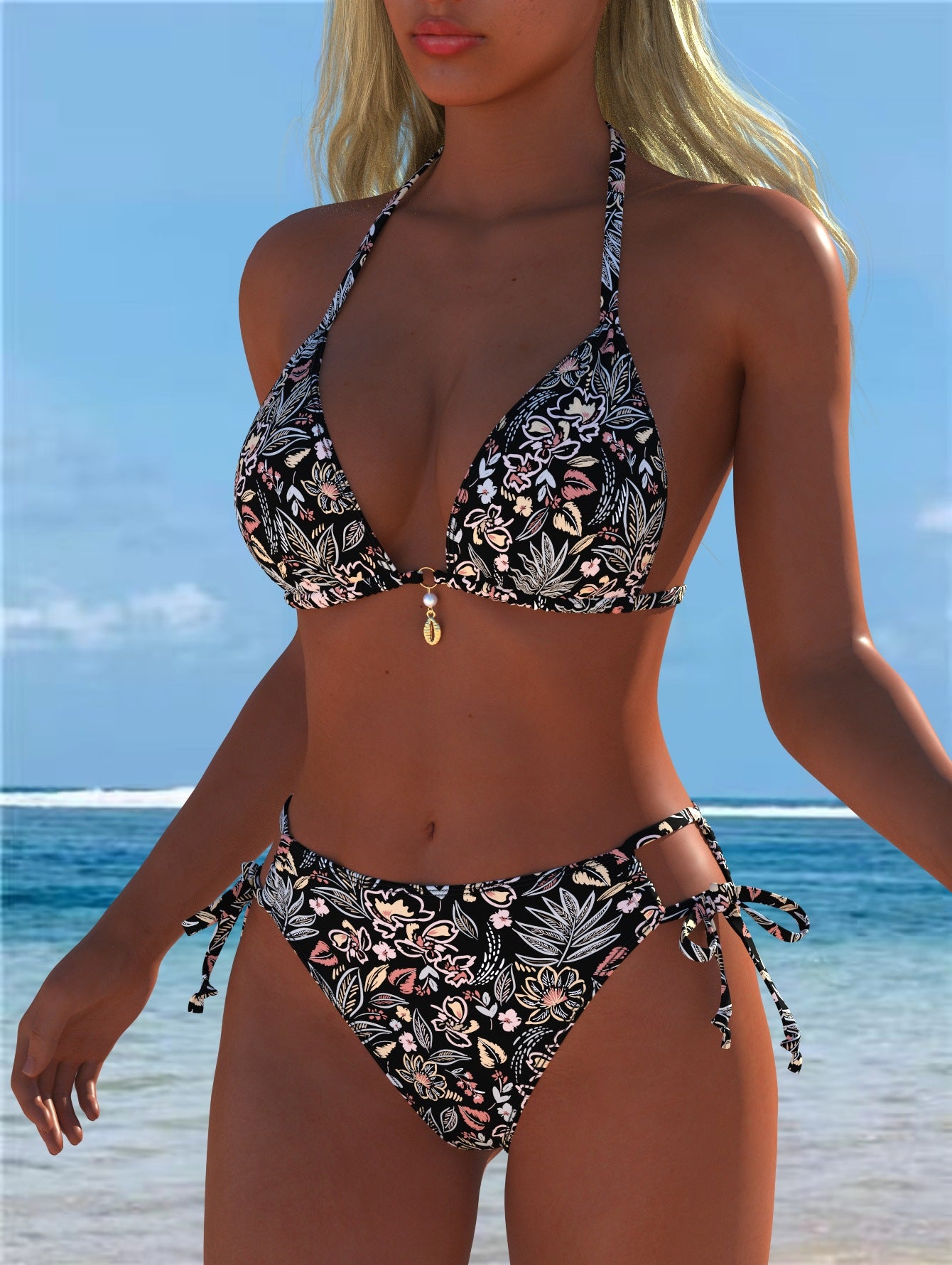 Black Floral Triangle Bikini Set