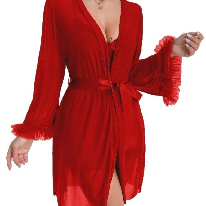 Red Lace Nightgown Robe Set